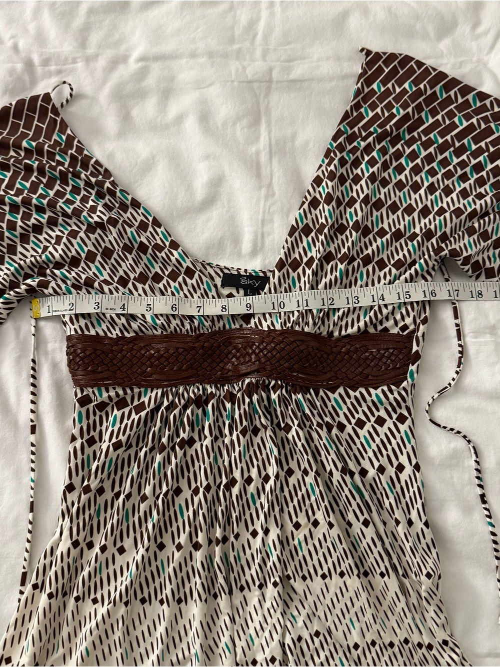 Y2K Sky 100 Percent Silk Geometric Boho Blouse Empire Waist Kimono Sleeve Top L - Picture 3 of 6